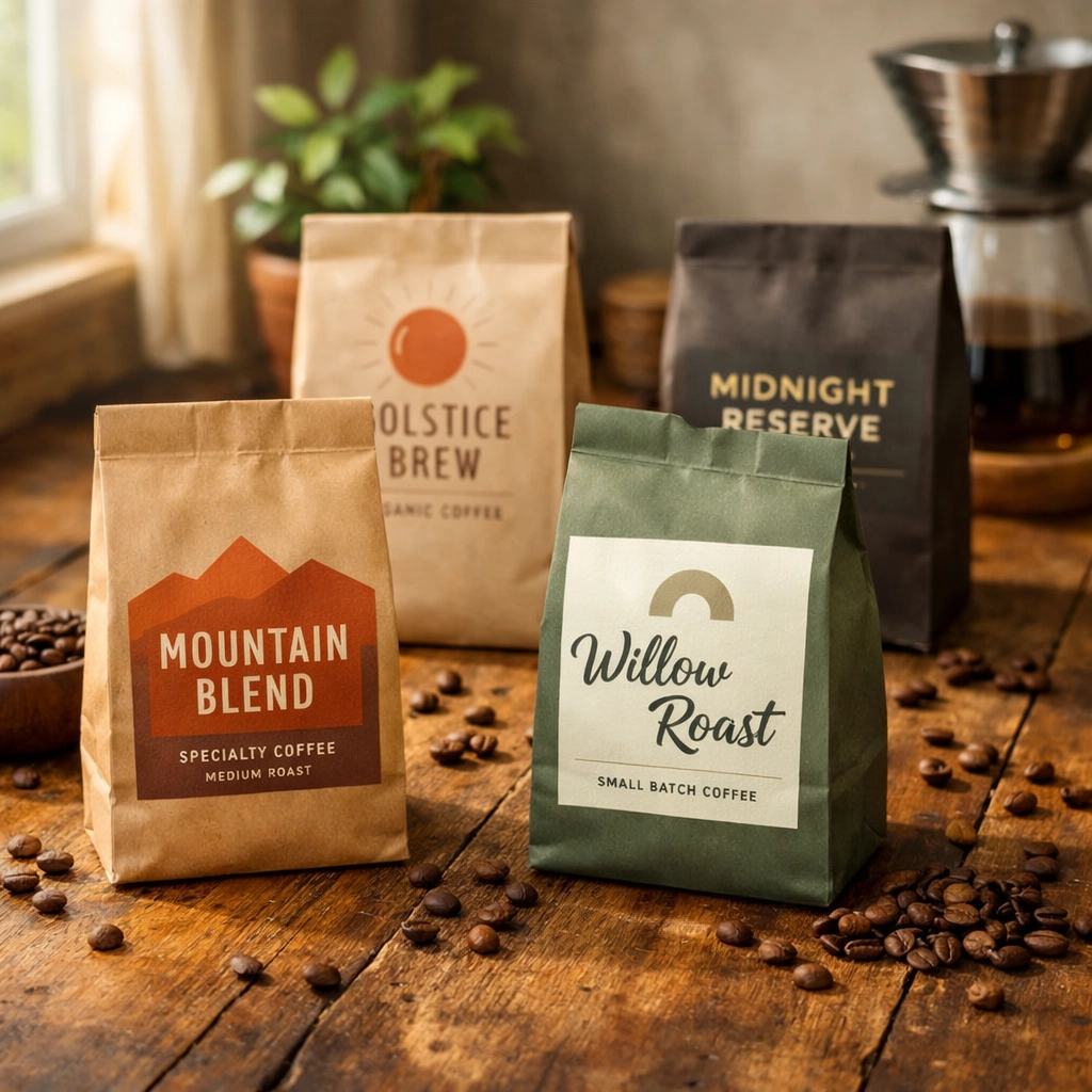 Custom-labeled specialty coffee bags with unique brand designs for dropshipping