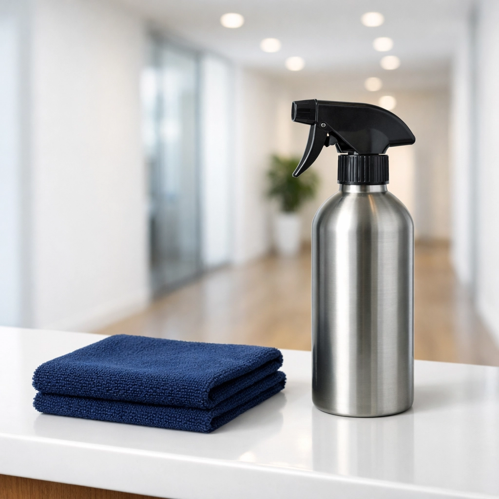 Professional cleaning supplies in a minimalist Lexington office hallway, ensuring high-quality janitorial care.