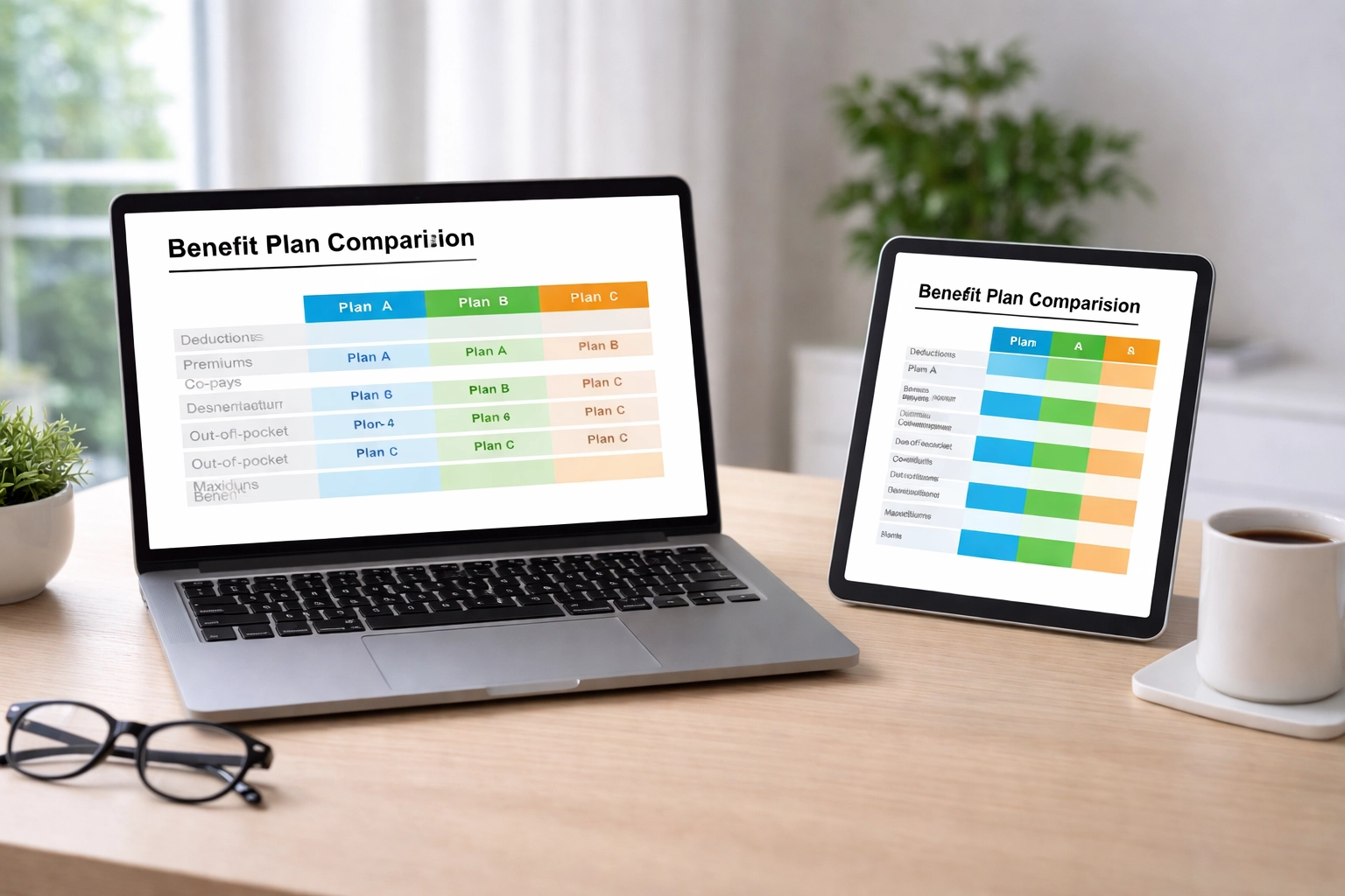 Laptop displaying benefits enrollment solutions for school districts with plan comparisons