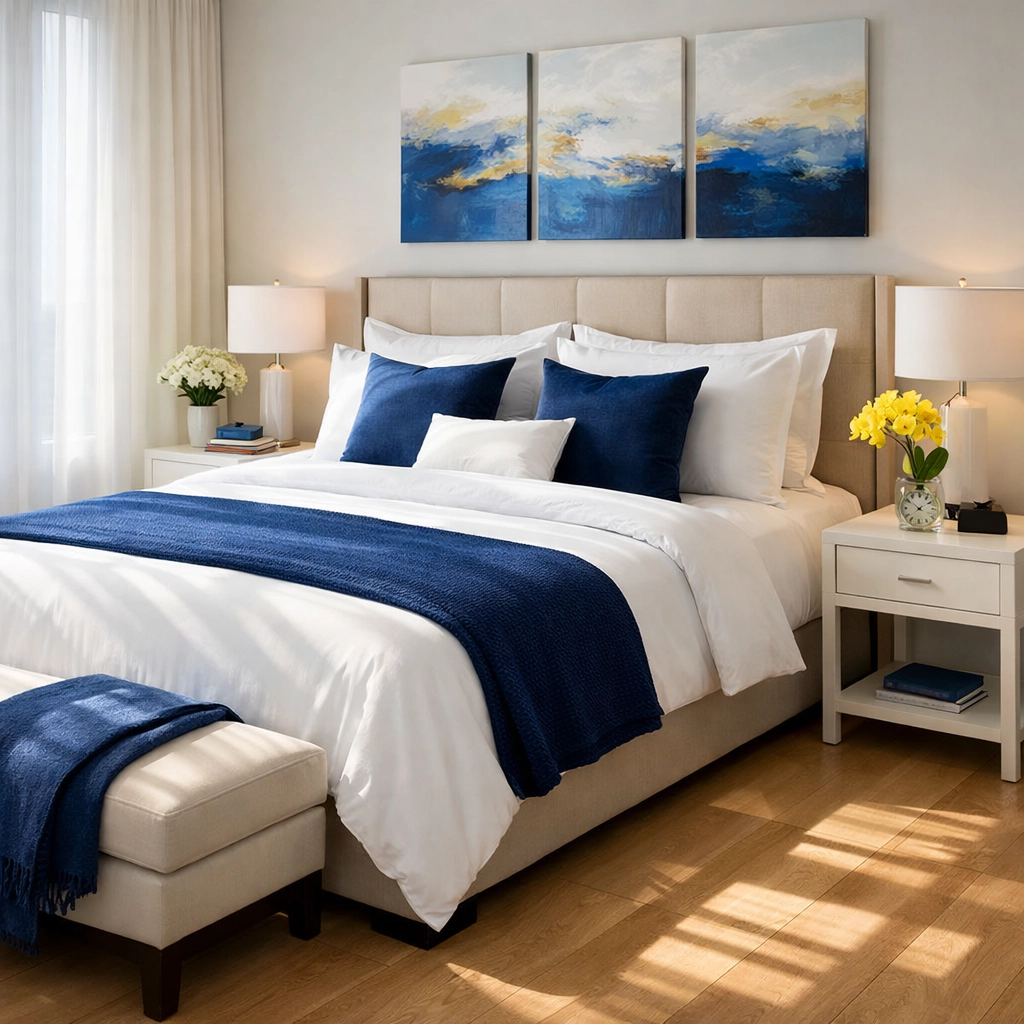 A pristine master bedroom in Needham, MA, perfectly tidy after a professional house cleaning service.