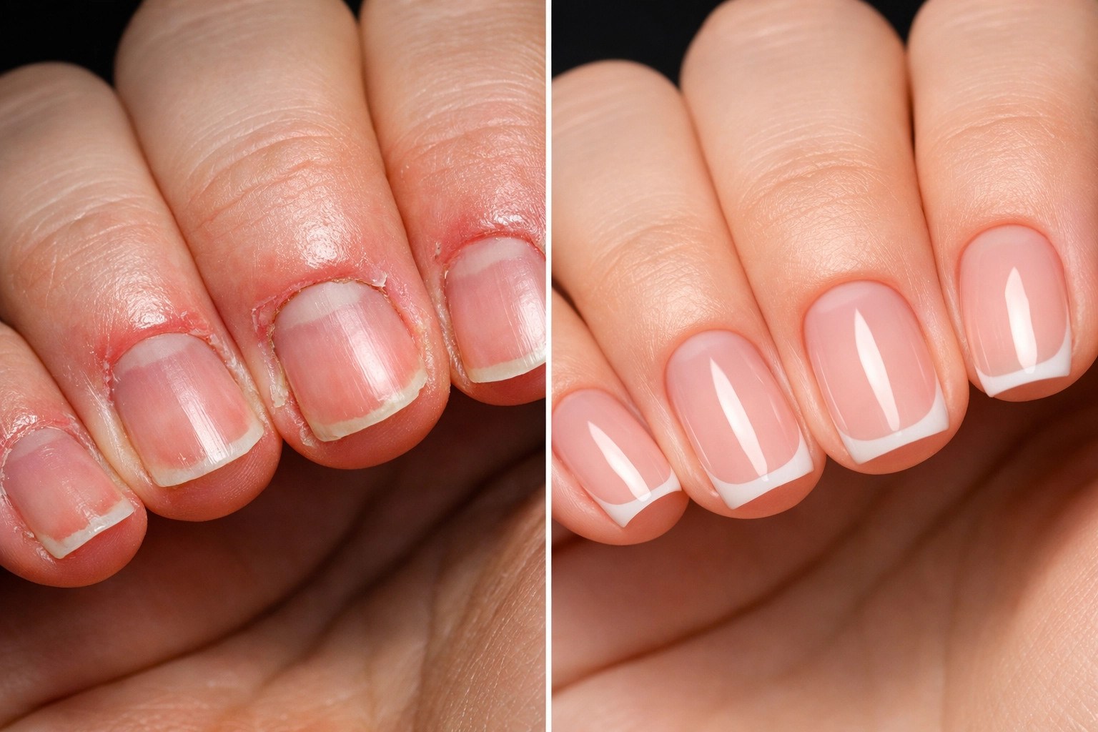 Comparison of poorly executed vs expertly done Russian manicure showing cuticle quality difference