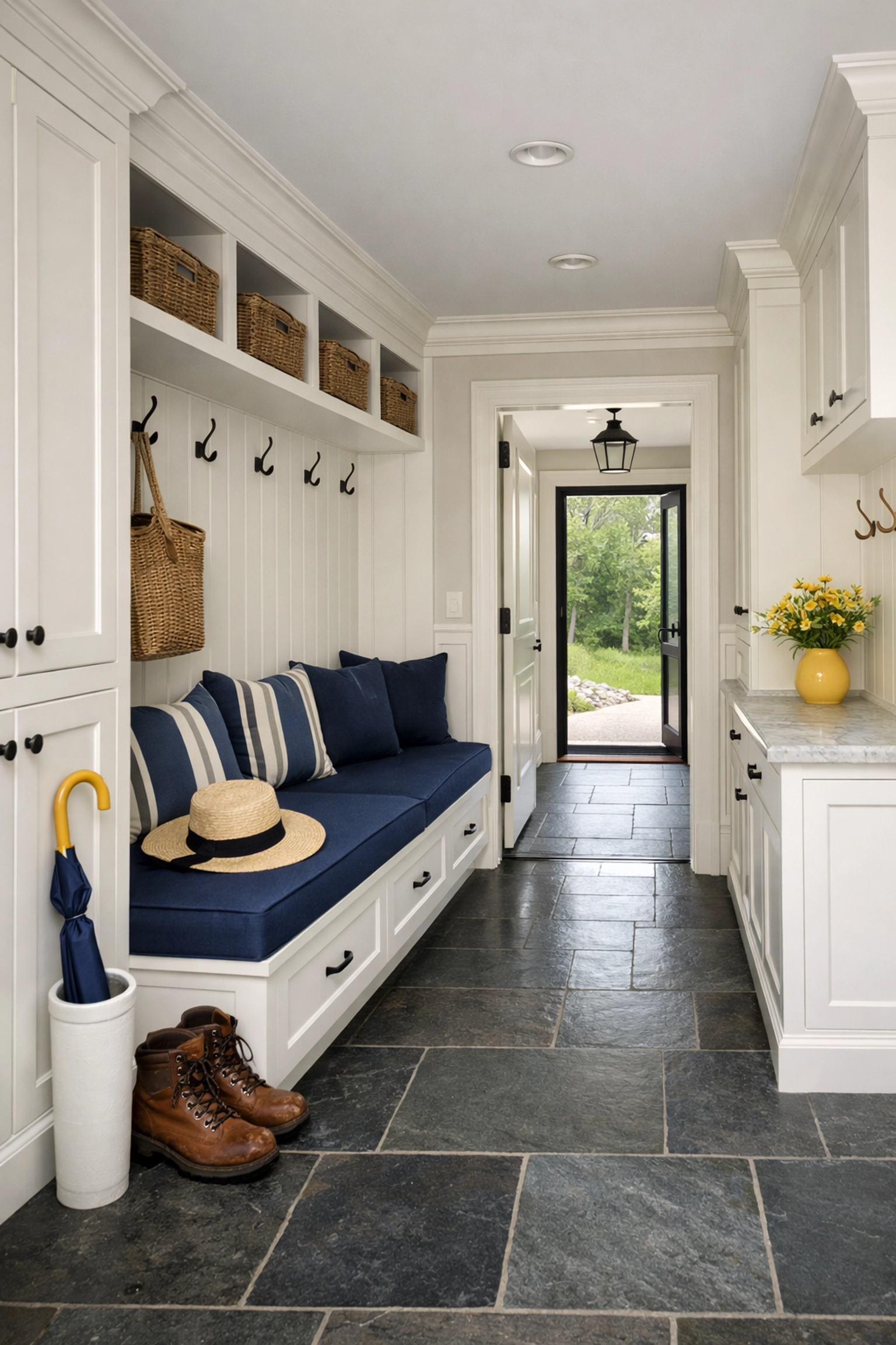 A perfectly organized mudroom in a Concord home after a reliable residential cleaning service.