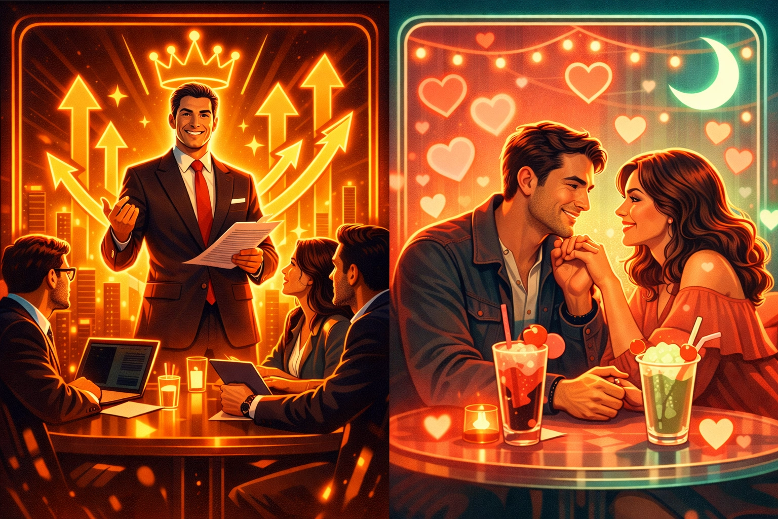 Split view comparing professional authority versus romantic workplace relationship power dynamics