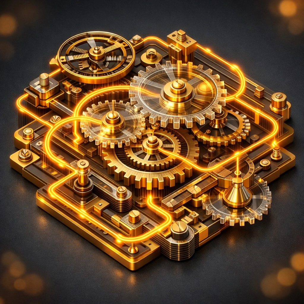 Organized golden mechanical gears representing a robust SOP system for automated SaaS customer service.