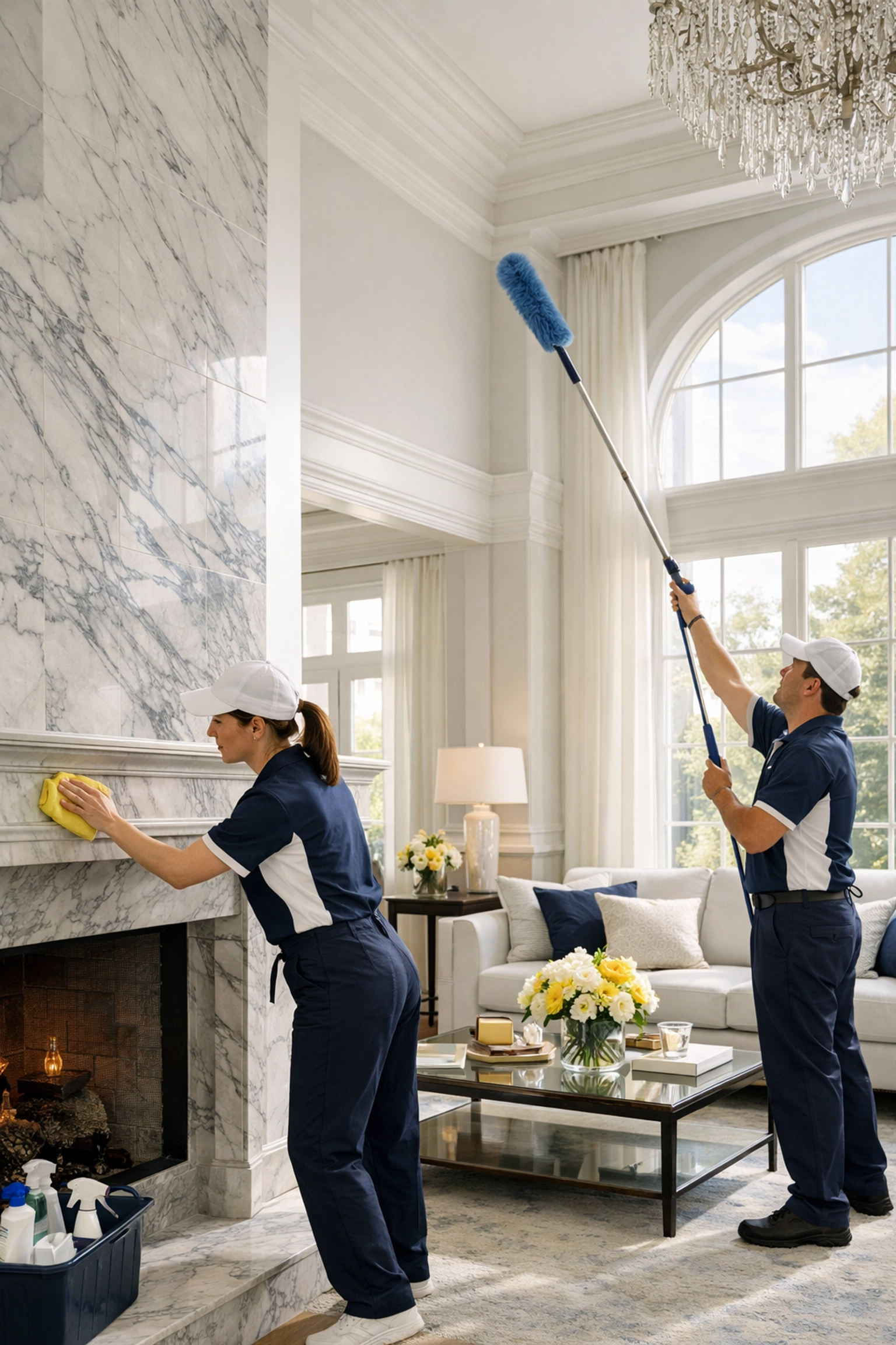 Professional residential cleaning Massachusetts experts cleaning a luxury Dover living room.