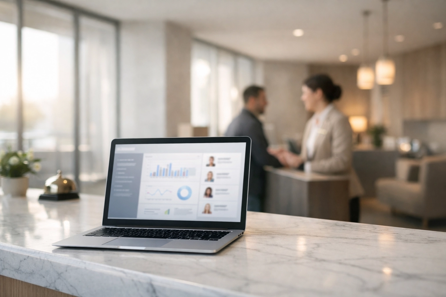 Hotel reception desk with laptop showing CRM guest data from a self-check-in kiosk and hotel pms.