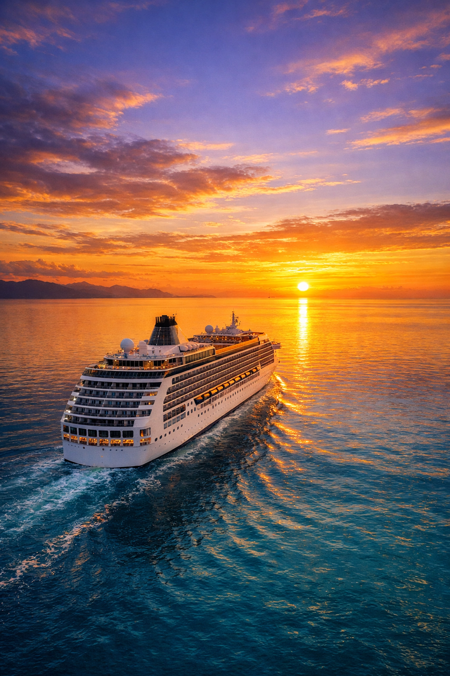 Luxury cruise ship sailing at sunset, offering peace of mind for the modern traveler.