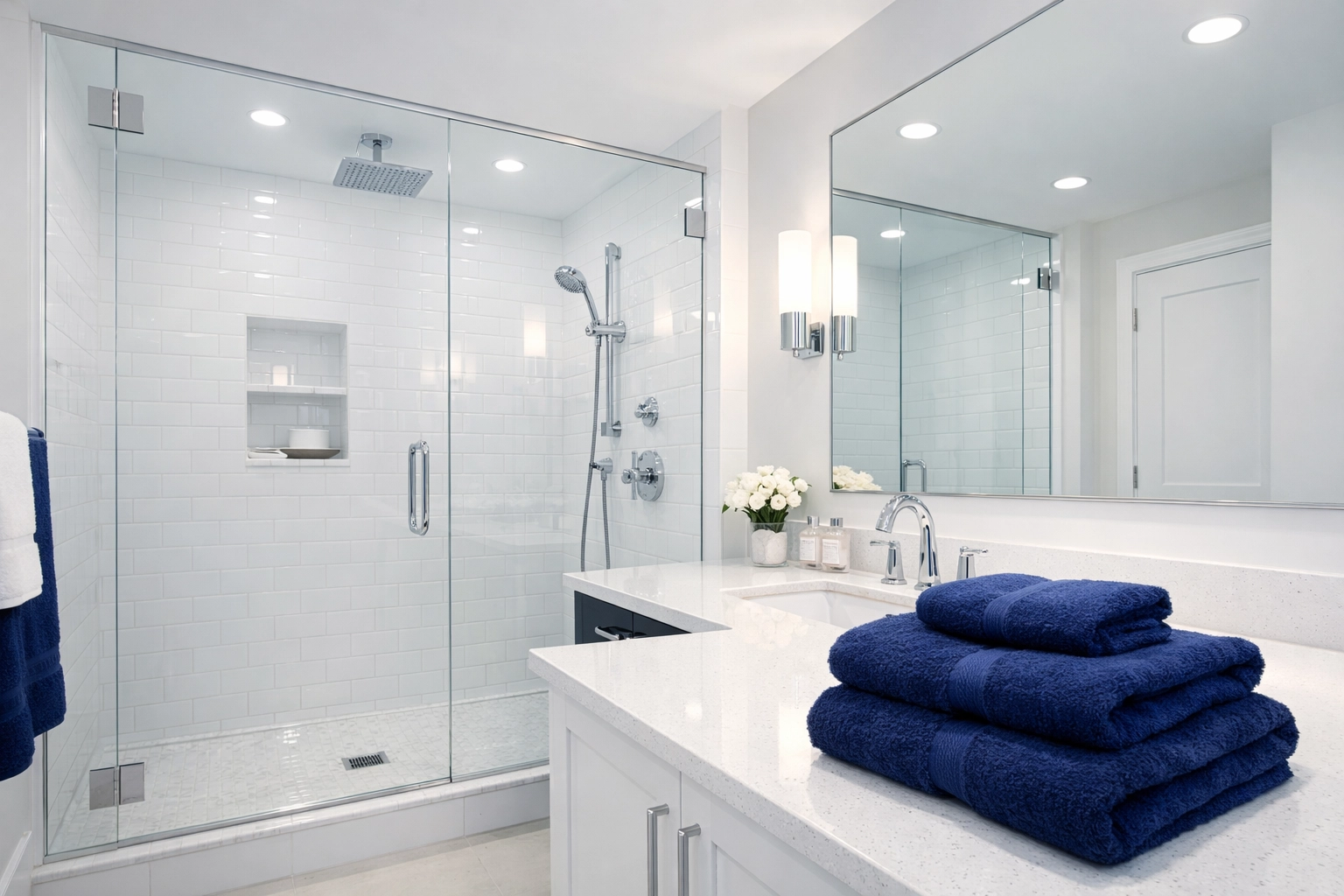 Professionally cleaned bathroom in Stow MA with a spotless glass shower and polished fixtures for a property handover.