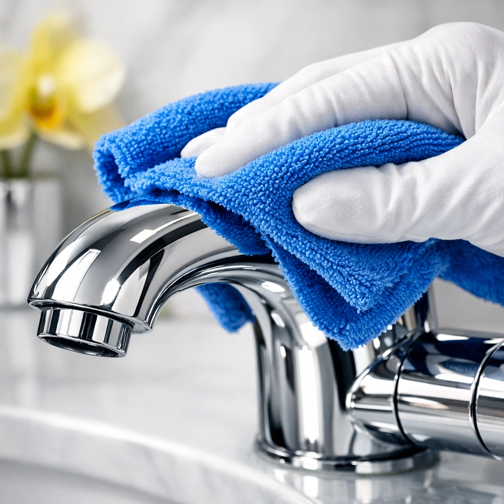 Detailed eco-friendly polishing of a chrome fixture, a key part of premium luxury cleaning in Lynnfield services.