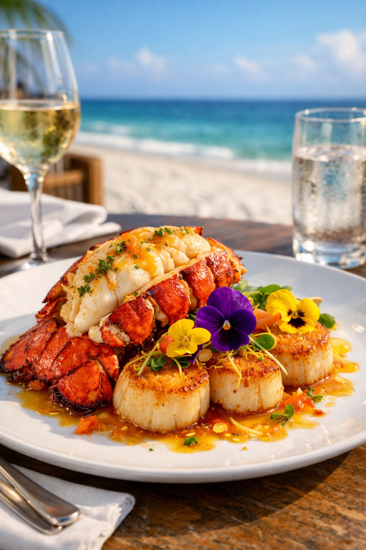 Gourmet seafood dish with lobster and scallops served at a luxury beachfront restaurant in Punta Cana.