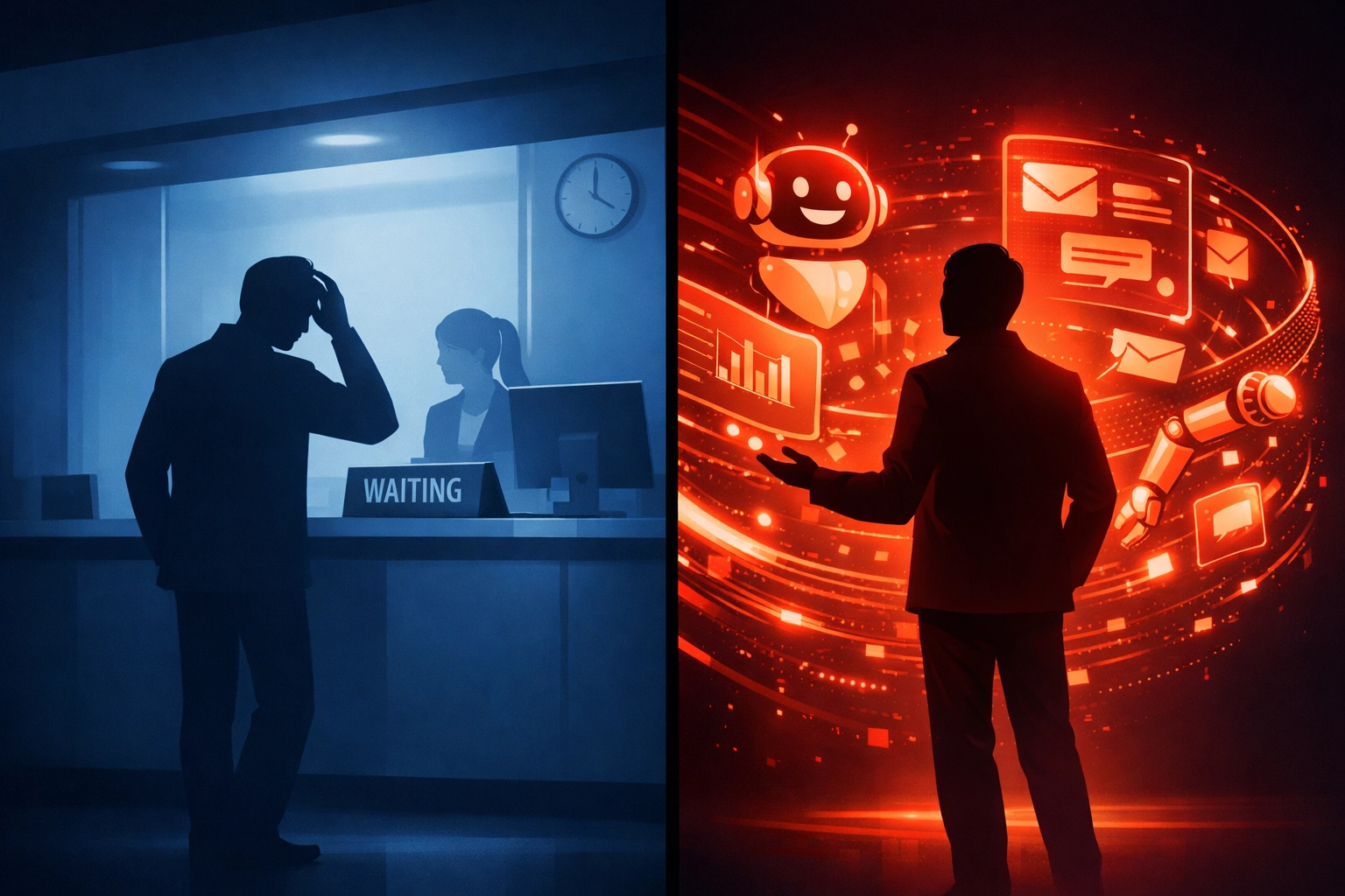 Comparison of traditional reactive customer service versus proactive AI-powered customer support