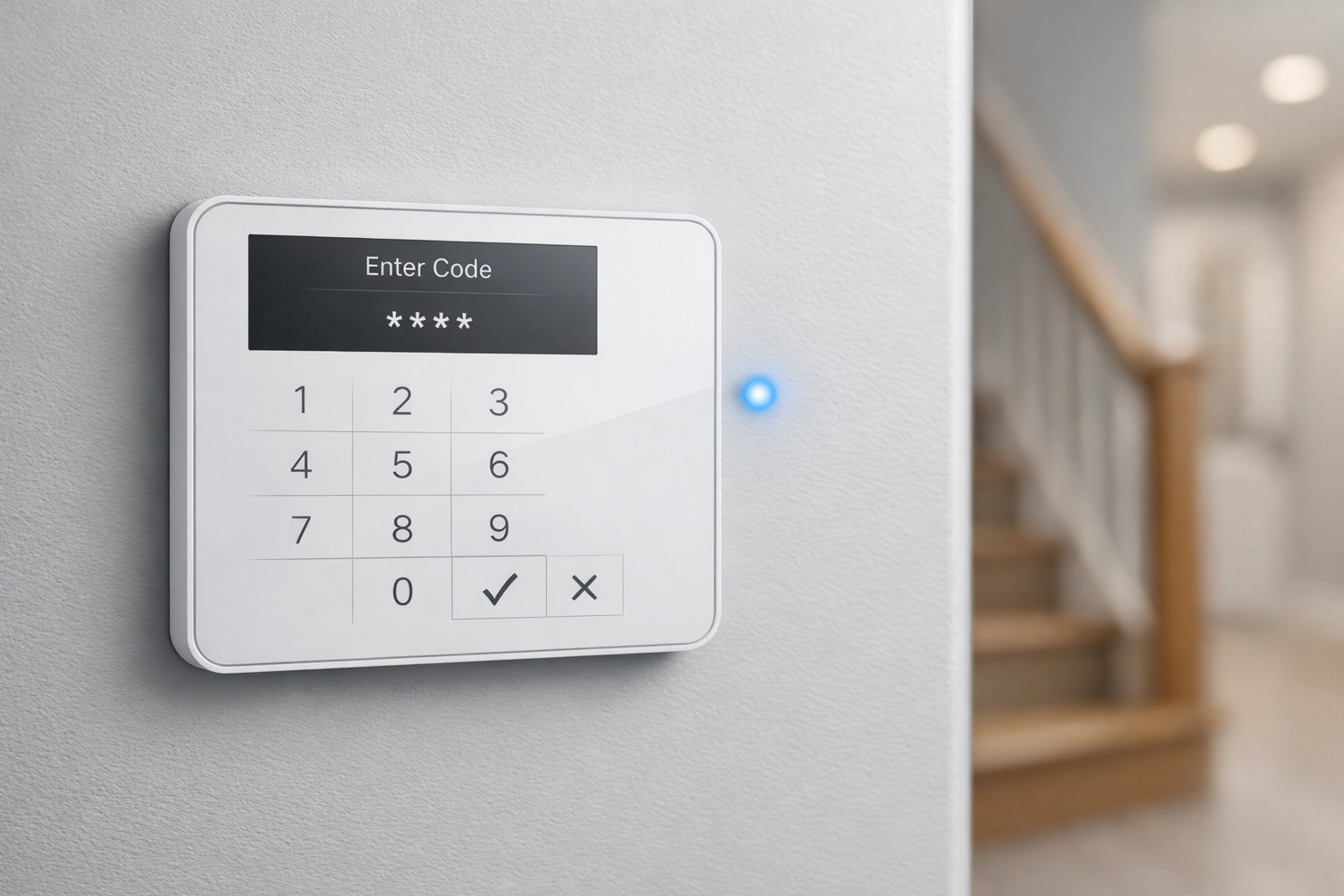 Modern intruder alarm keypad installed on a hallway wall for residential security.