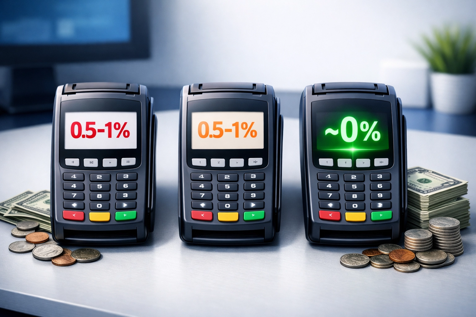 Three crypto payment terminals comparing fees: NOWPayments and CoinPayments at 0.5-1% vs Larecoin at 0%