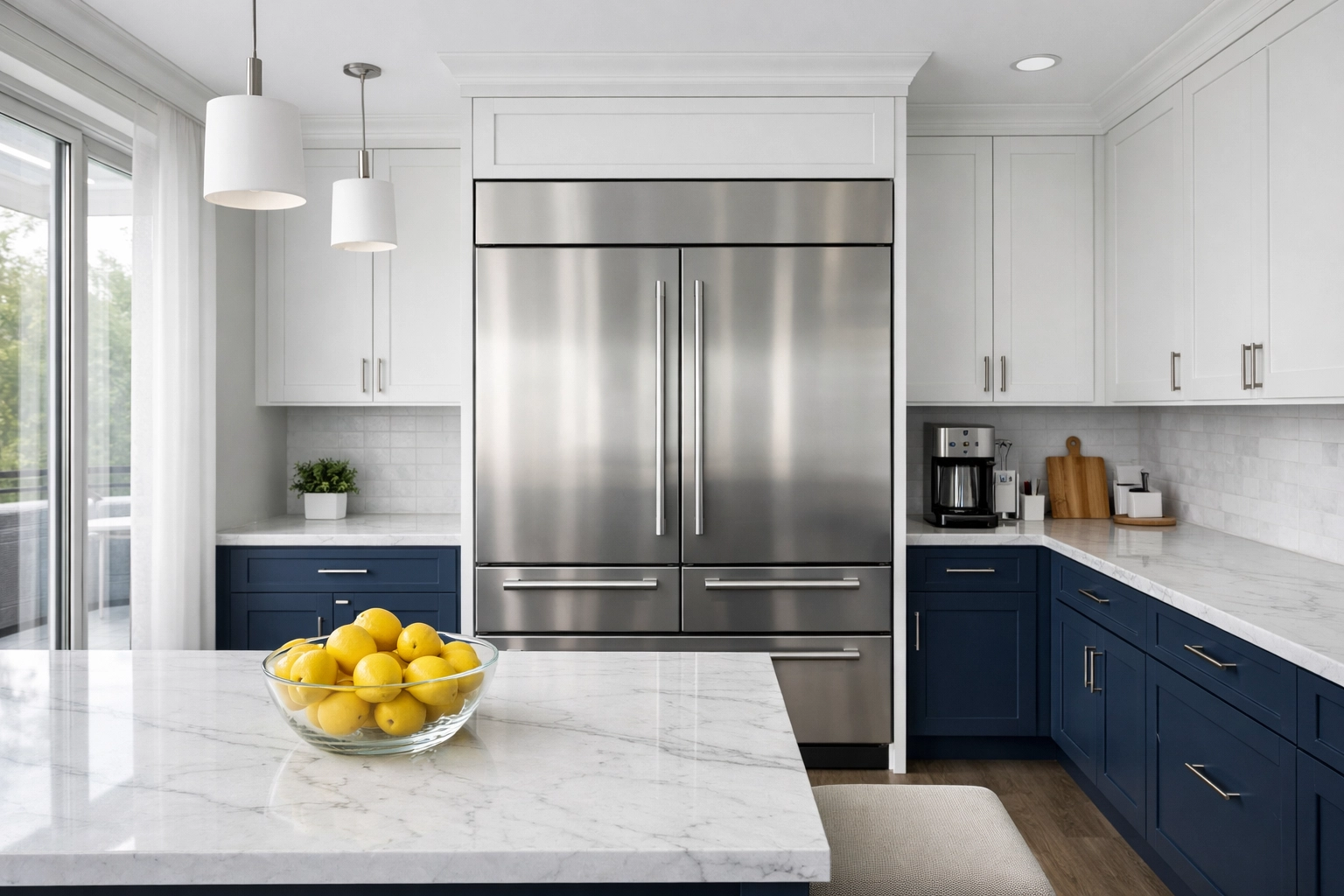 Modern high-end kitchen with a large energy-efficient stainless steel refrigerator.