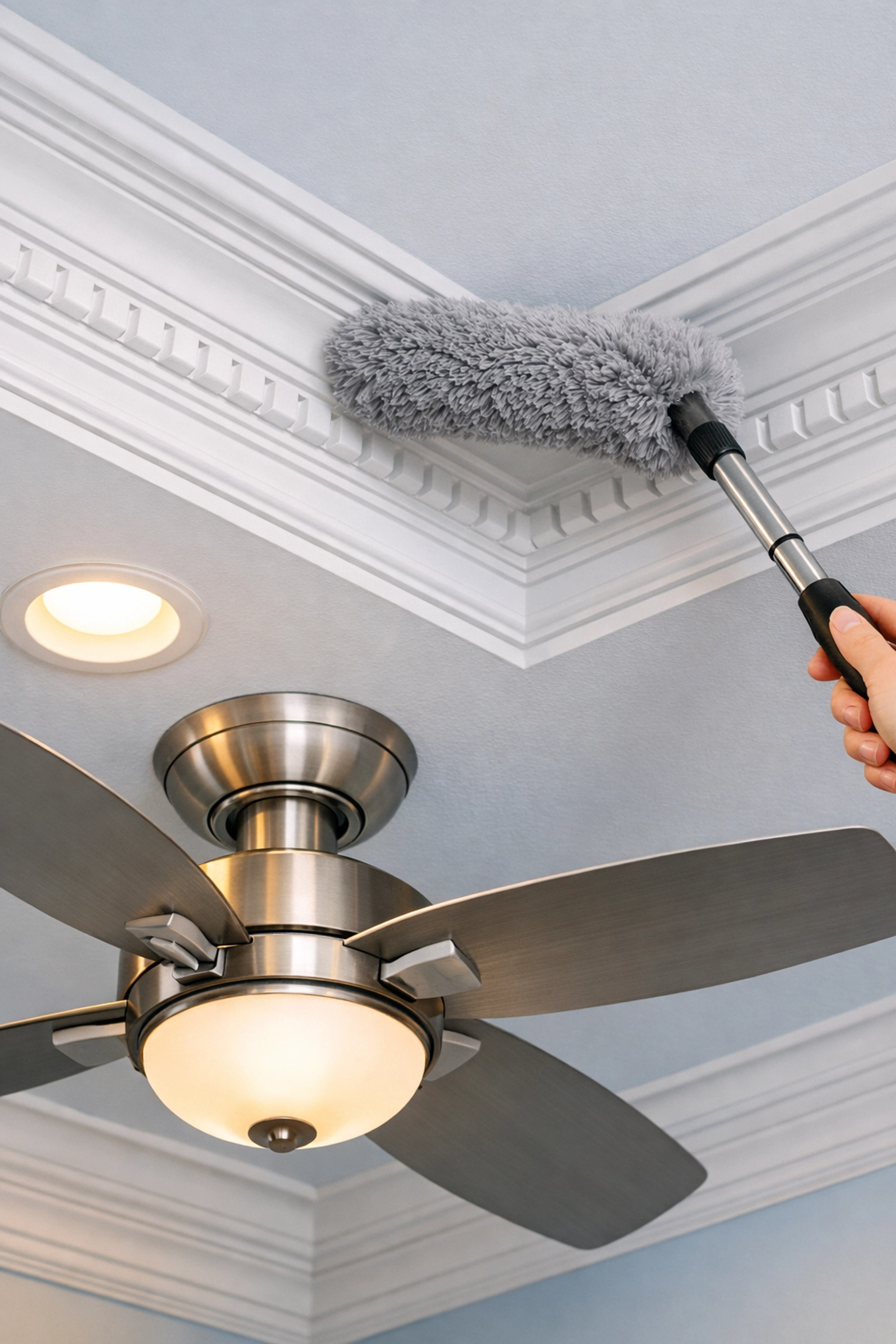 Hand cleaning a ceiling fan to remove hidden dust during Spring Cleaning in Lowell.