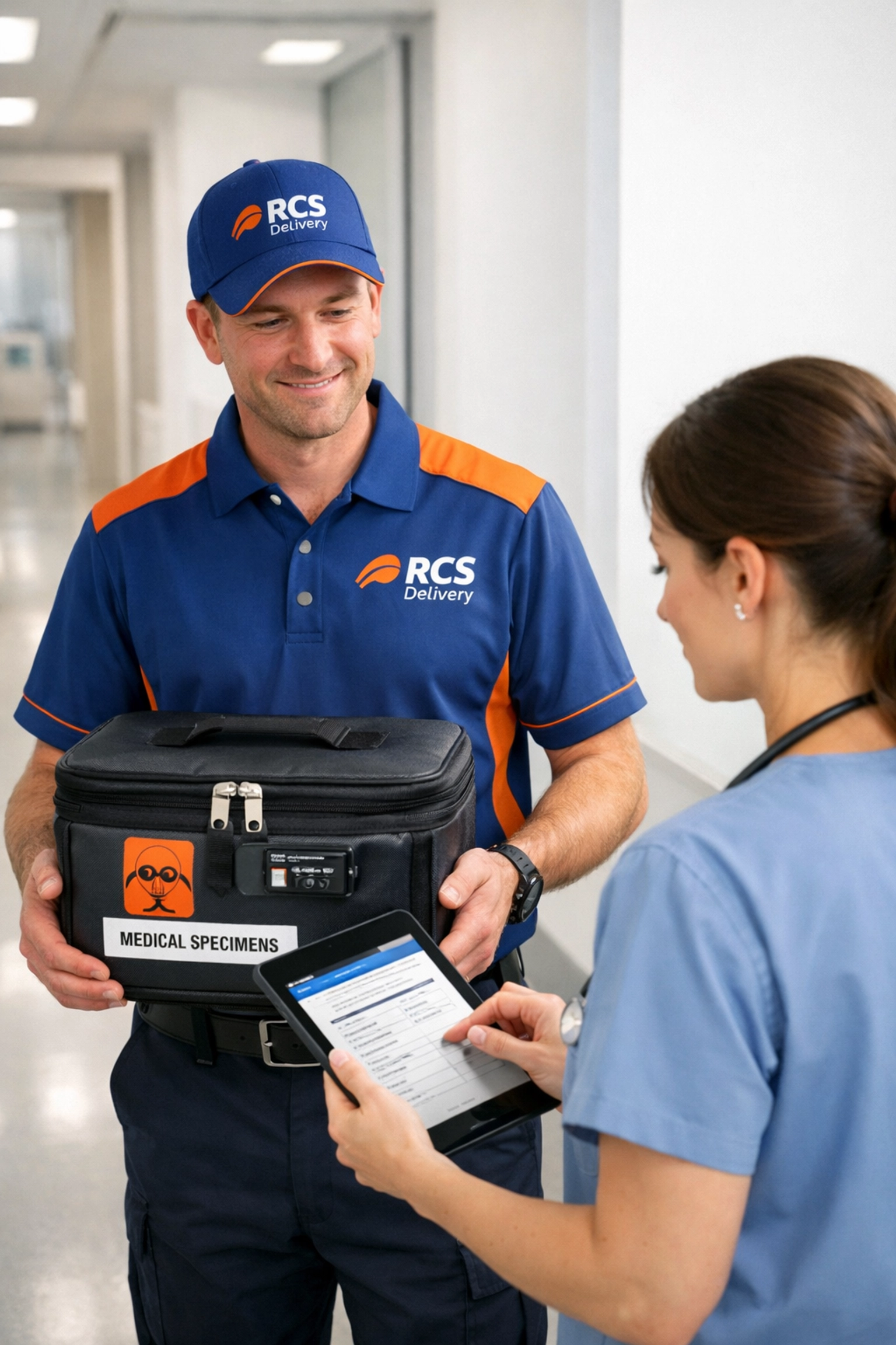 A professional photorealistic image of a friendly RCS Delivery courier in a crisp blue uniform with orange accents and a matching branded cap, standing in a modern medical facility hallway with bright natural lighting. The courier is carefully holding a secure insulated medical specimen transport bag with both hands, while a healthcare professional in scrubs reviews chain-of-custody documentation on a tablet. The scene conveys trust and professionalism with clean white walls, soft shadows, and a calm, focused atmosphere. Shot from a slightly elevated angle to show both subjects clearly.