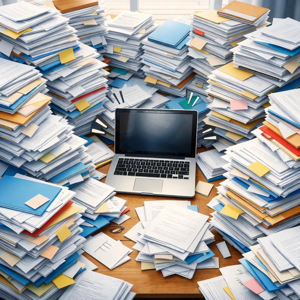 Office desk overwhelmed with ISO 9001 documentation paperwork for small business implementation