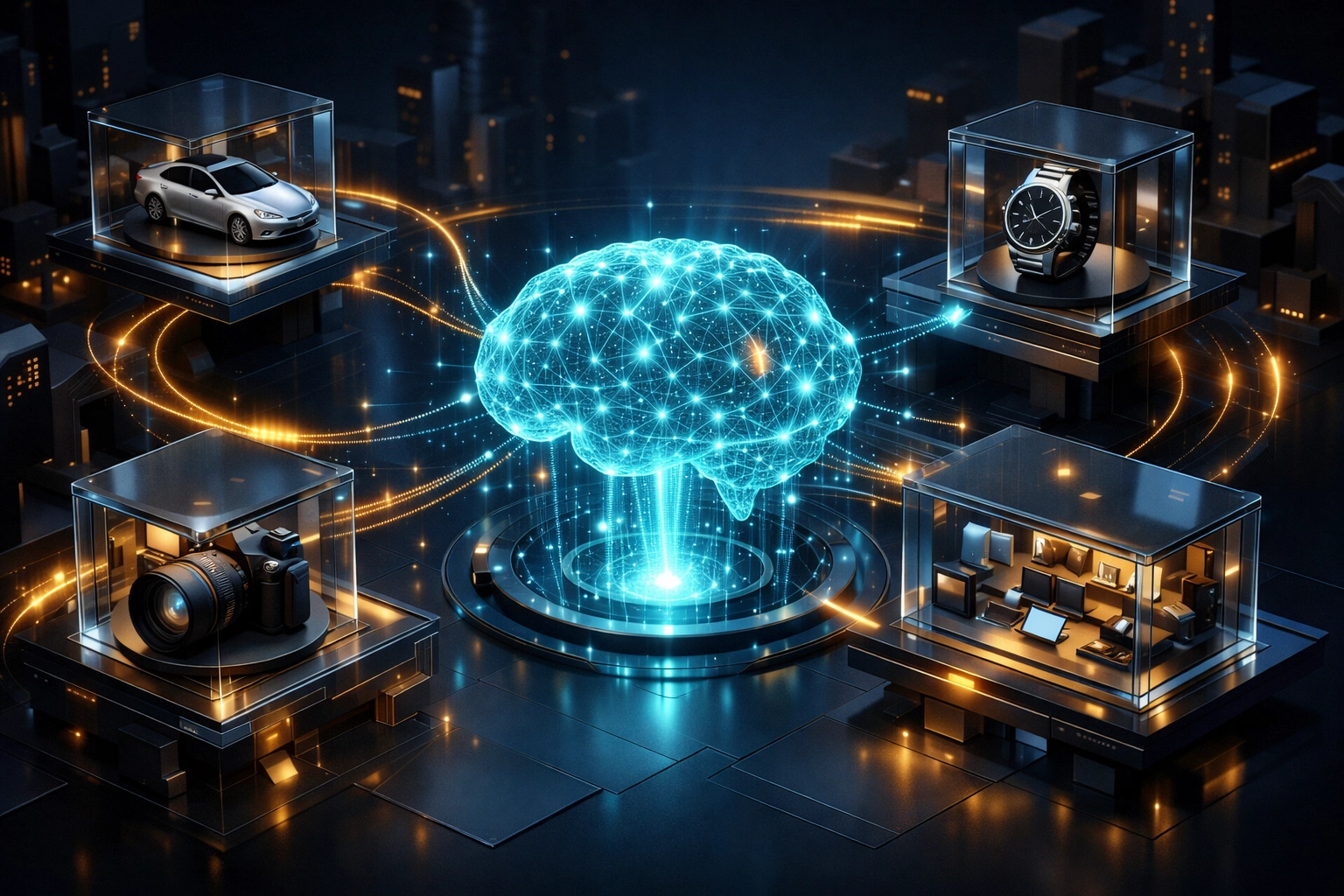 Futuristic digital marketplace illustrating AI-driven merchant discovery for Web3 businesses using Larecoin.