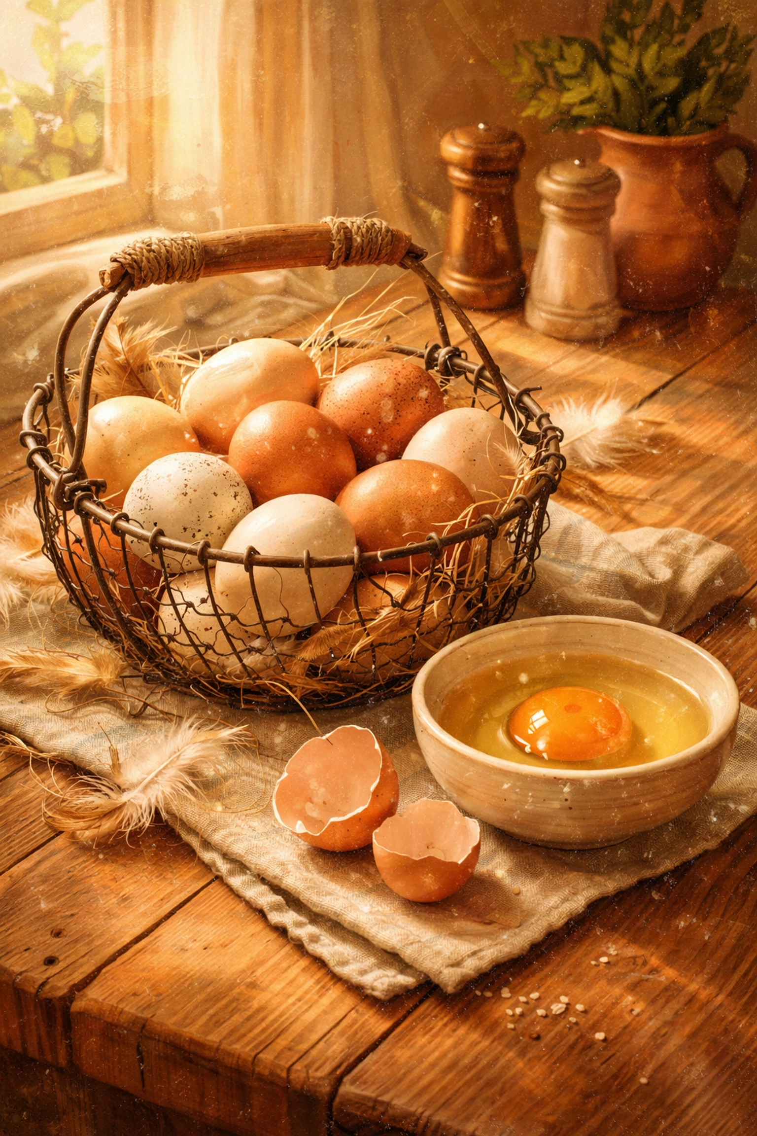 Farm fresh eggs in a rustic basket with a cracked egg displaying a deep orange yolk, highlighting pasture raised eggs.