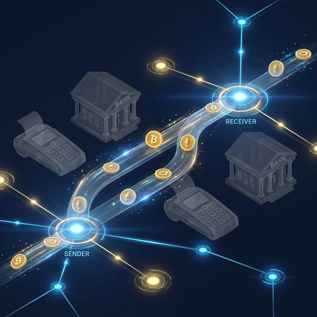 Blockchain network streamlining global payments and reducing merchant interchange fees by bypassing traditional banks.