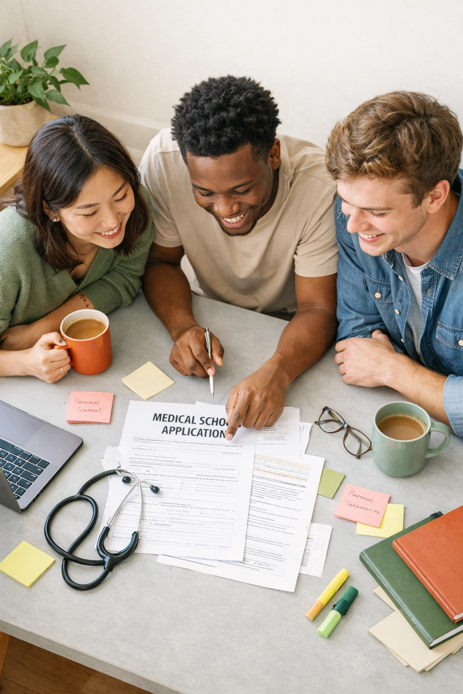 Students collaborating on medical school applications with laptops and study notes
