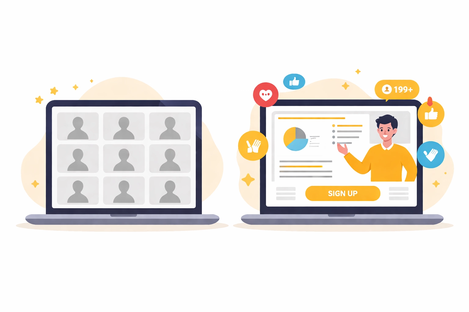 Split-screen illustration comparing passive Zoom video calls to interactive webinar sales platforms with strong CTA buttons