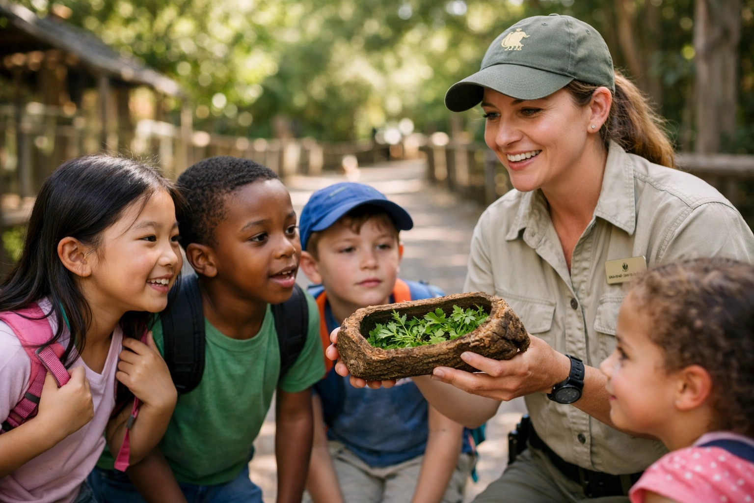 A zookeeper showing students a natural animal enrichment tool during a zoo community outreach program.