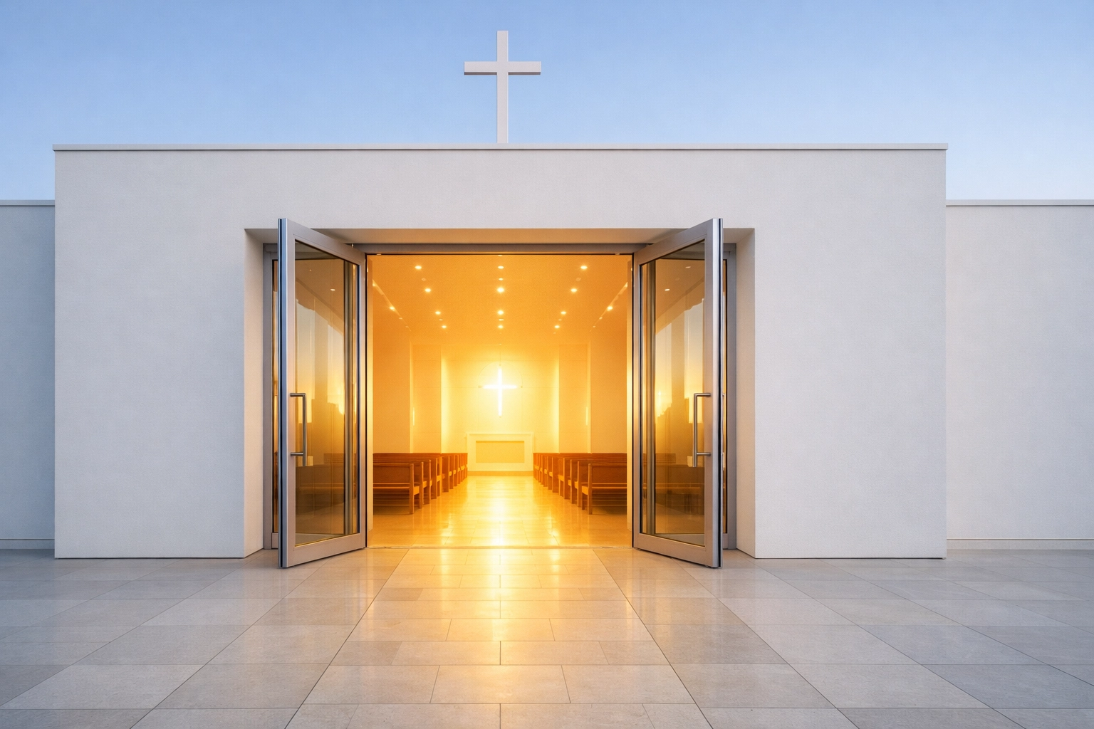 Open doors of a contemporary church with glowing light, representing a bridge of grace for the family.
