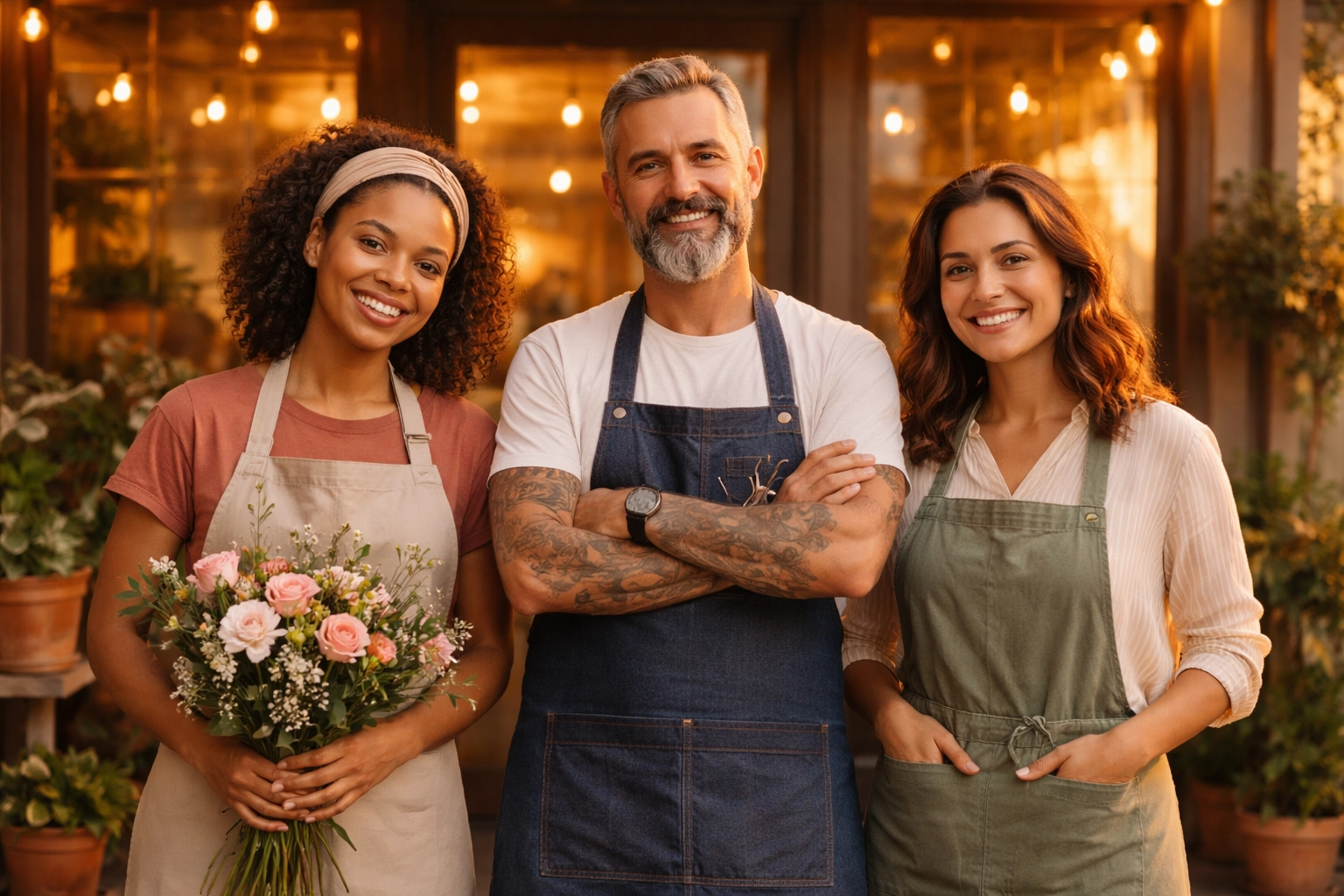 Diverse LGBTQ and transgender-friendly small business owners standing together outside a welcoming storefront, representing inclusive businesses.