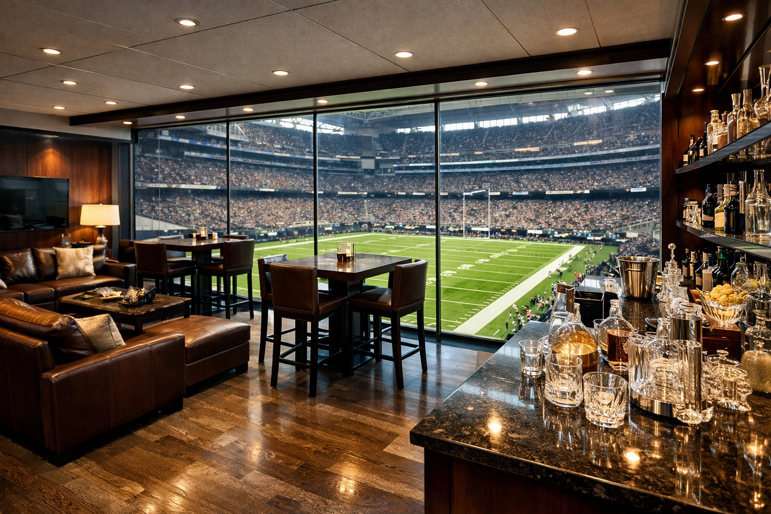 Exclusive Super Bowl luxury suite with leather seating and a field view for corporate networking.