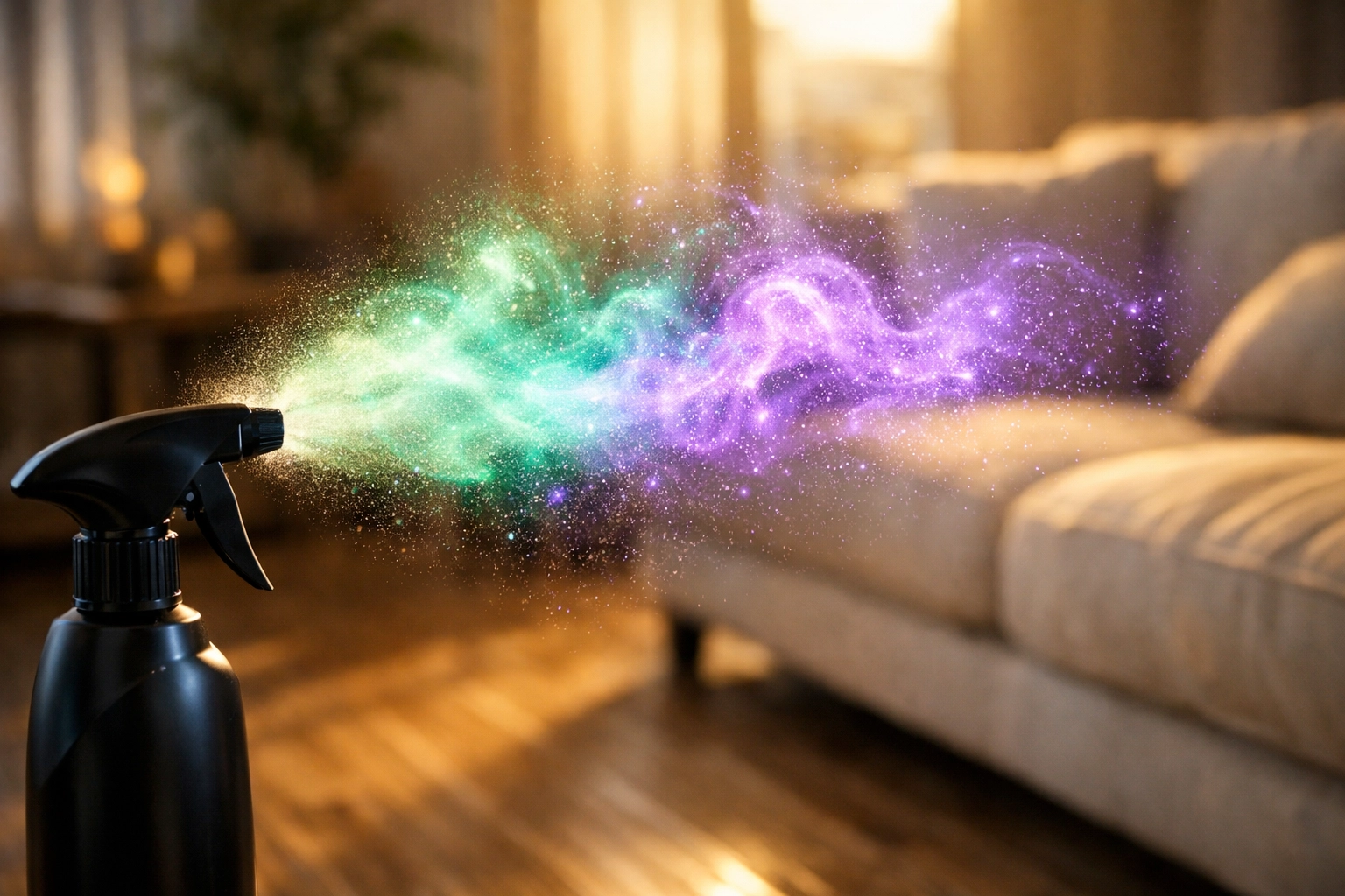 Chemical mist from a cleaning spray bottle in sunlight, illustrating indoor air pollution.