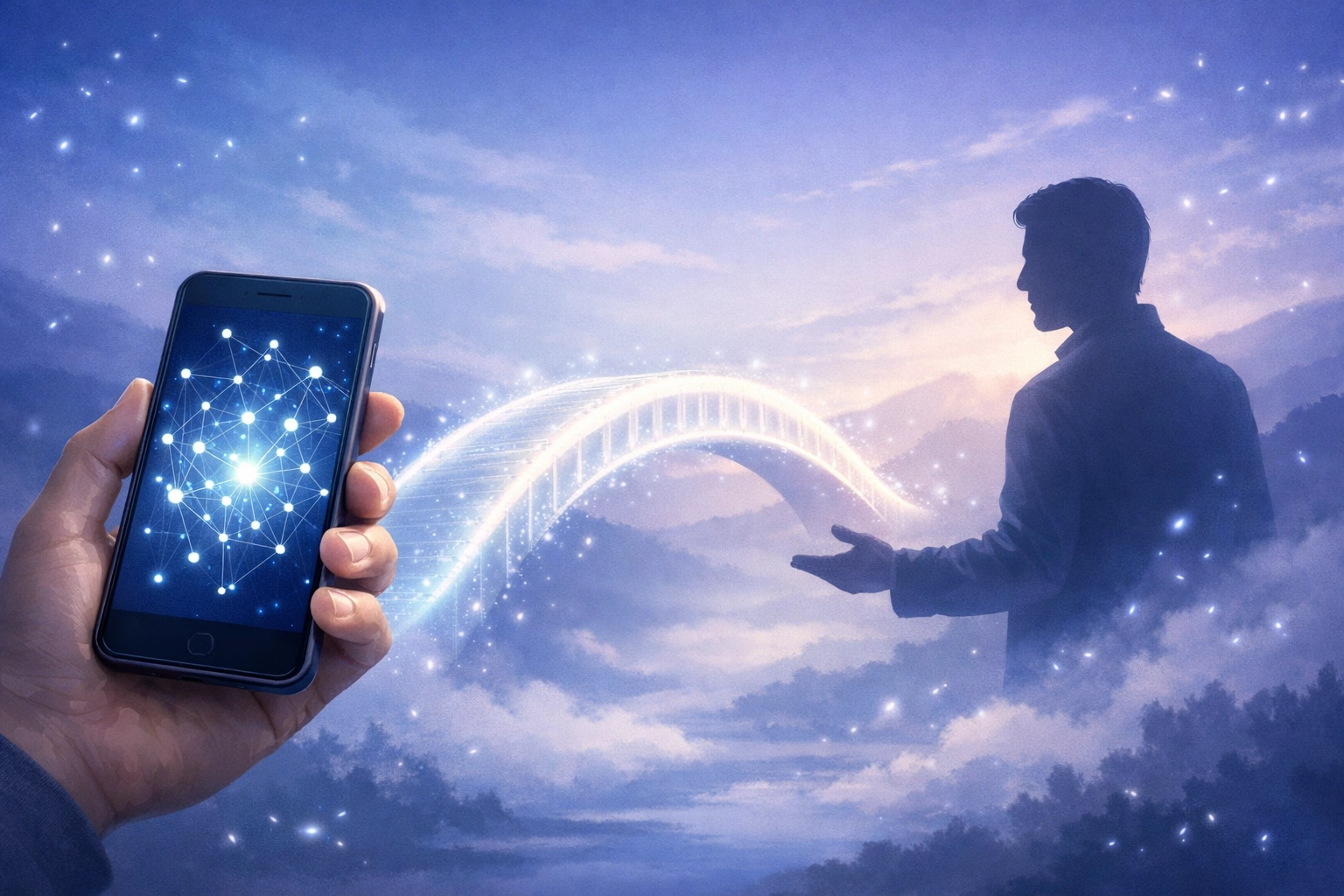 Serene magical illustration of a hybrid approach: AI support on a smartphone connected to a human coach