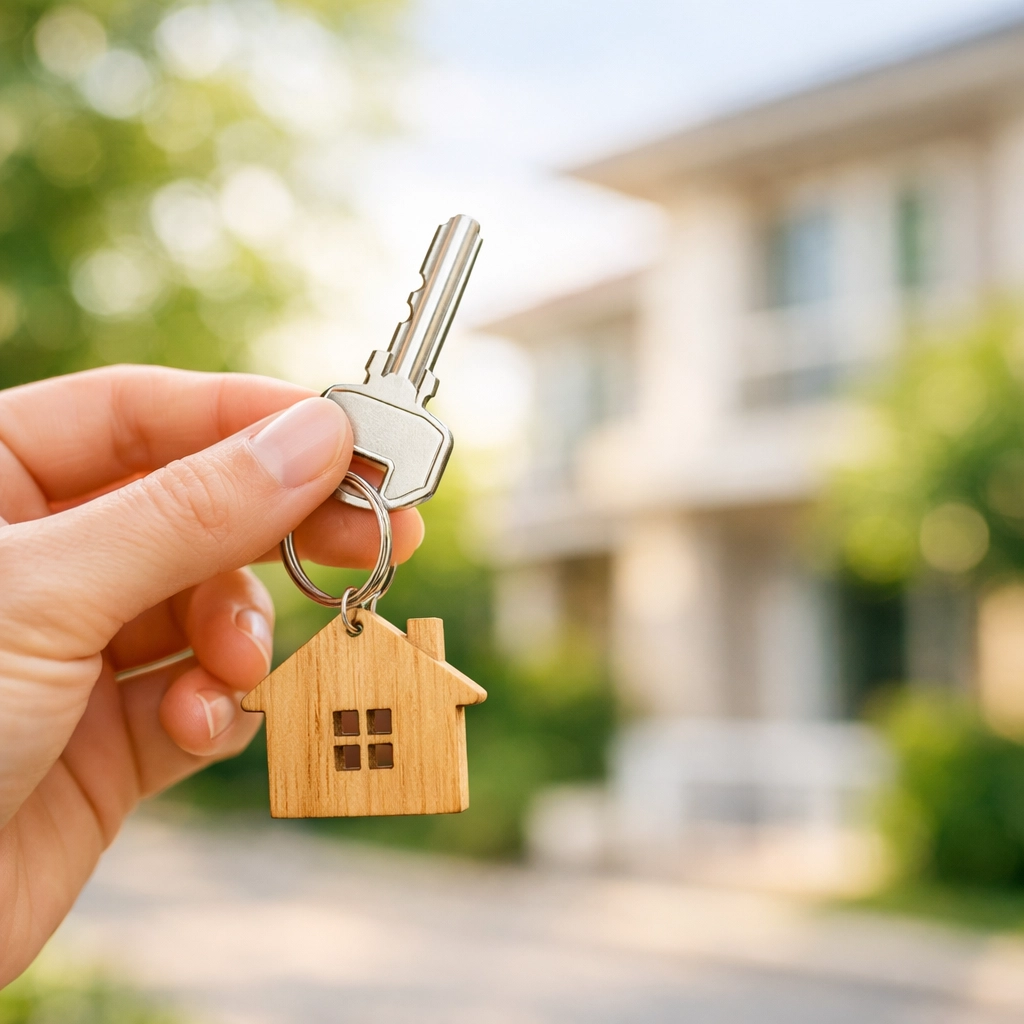 Hand holding a house key in front of a residential street for fast mortgage approval in Guildford.
