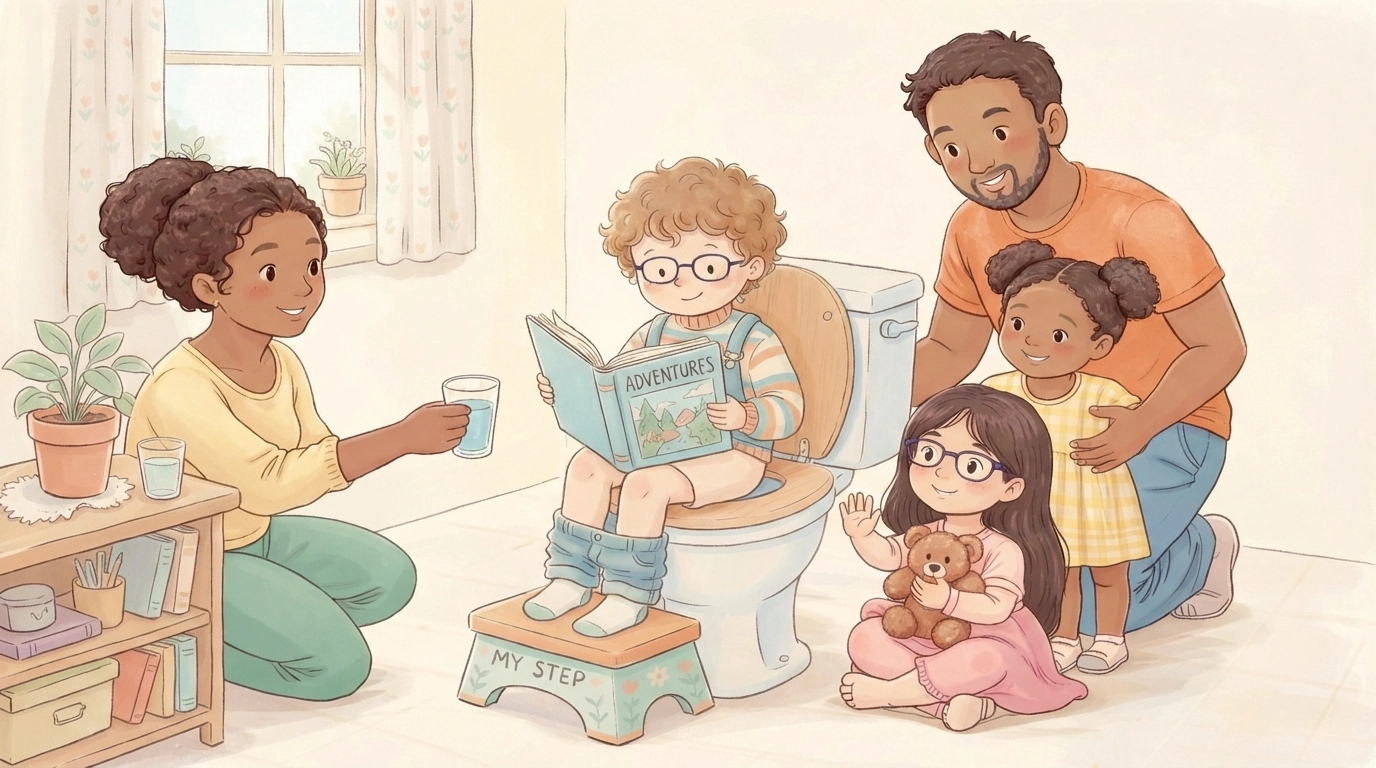 Child using the toilet calmly with a water glass nearby, demonstrating healthy bathroom and hydration habits for constipation and bedwetting