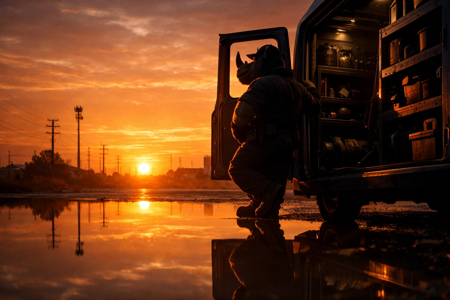 Ramblin' Rhyno leaning against an HVAC service van at sunrise, focusing on long-term reputation.