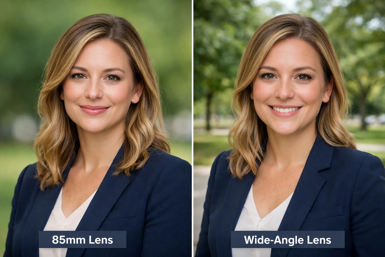 A professional portrait using an 85mm lens to achieve flattering facial proportions and background compression.