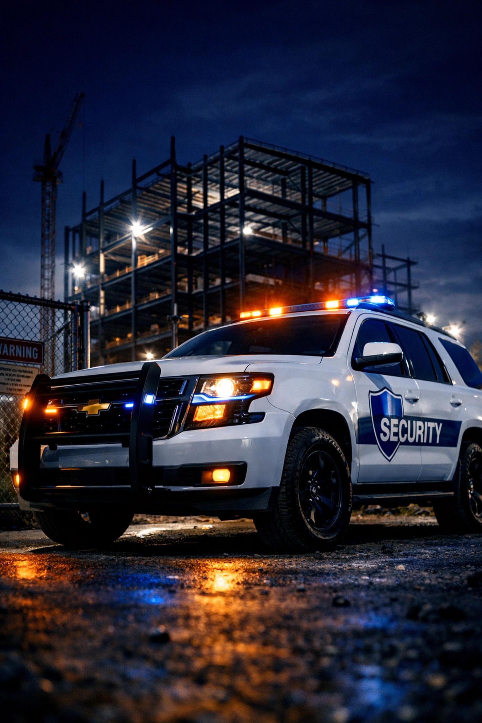 Marked security patrol SUV at a Richmond construction site entrance featuring modern safety equipment.