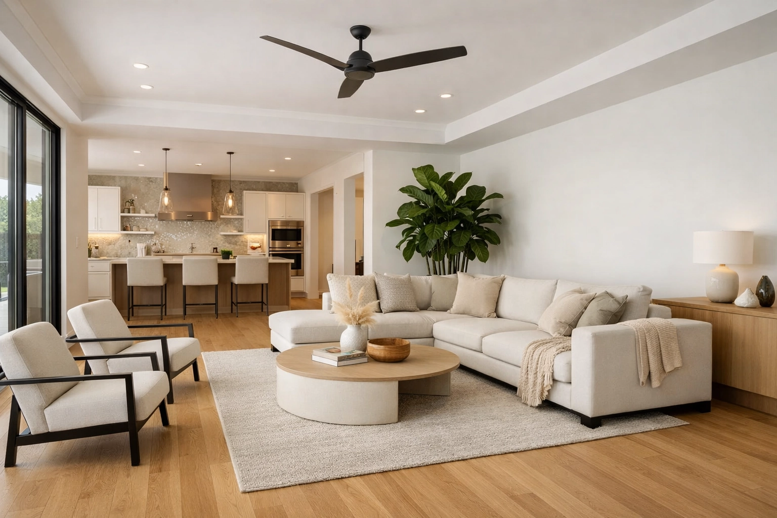 Modern Orlando living space with professional interior painting, new flooring, and a luxury kitchen remodel.