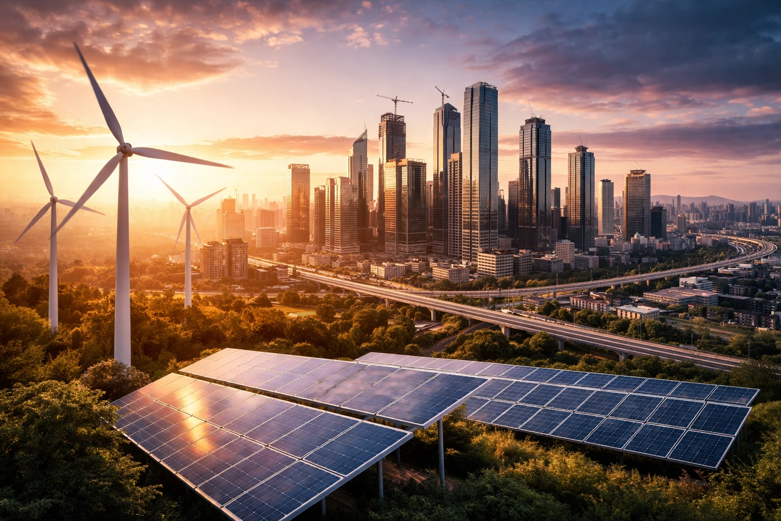 City skyline with infrastructure and renewable energy, representing alternative investments in portfolios