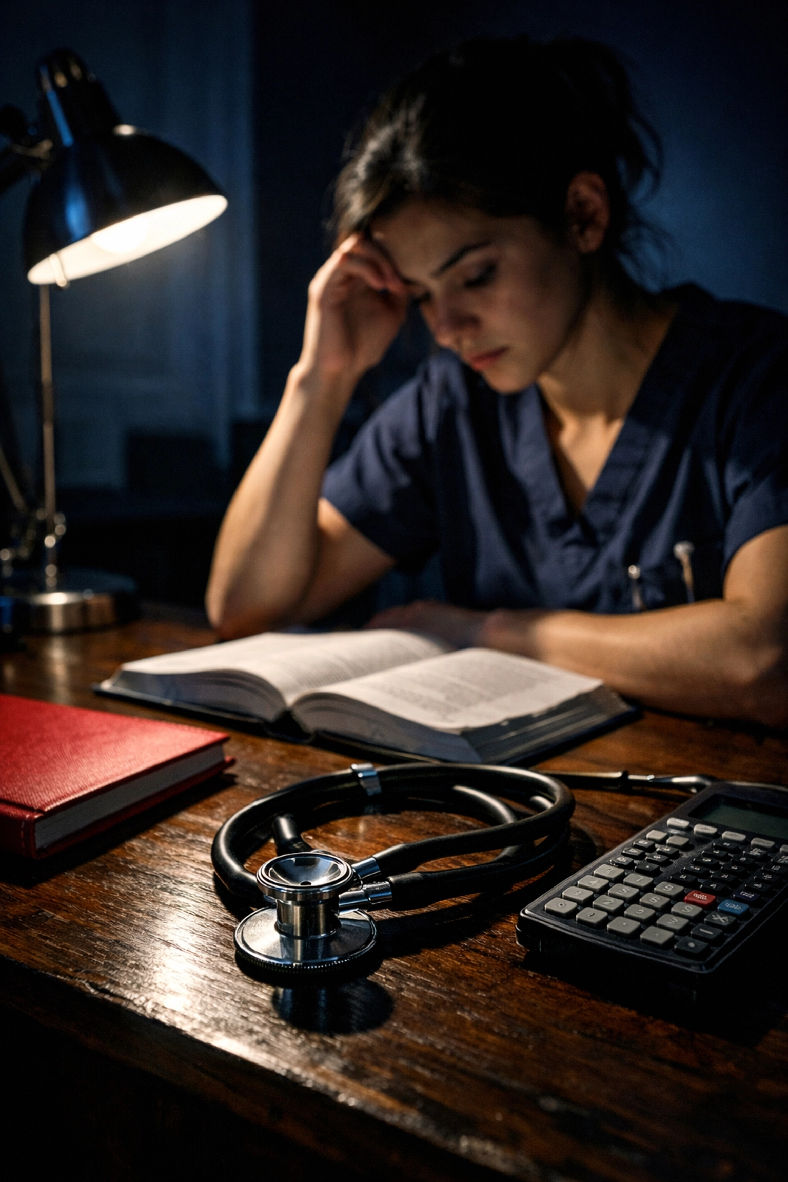 A nursing student sits at a desk with a stethoscope and calculator, reflecting the financial stress of education.