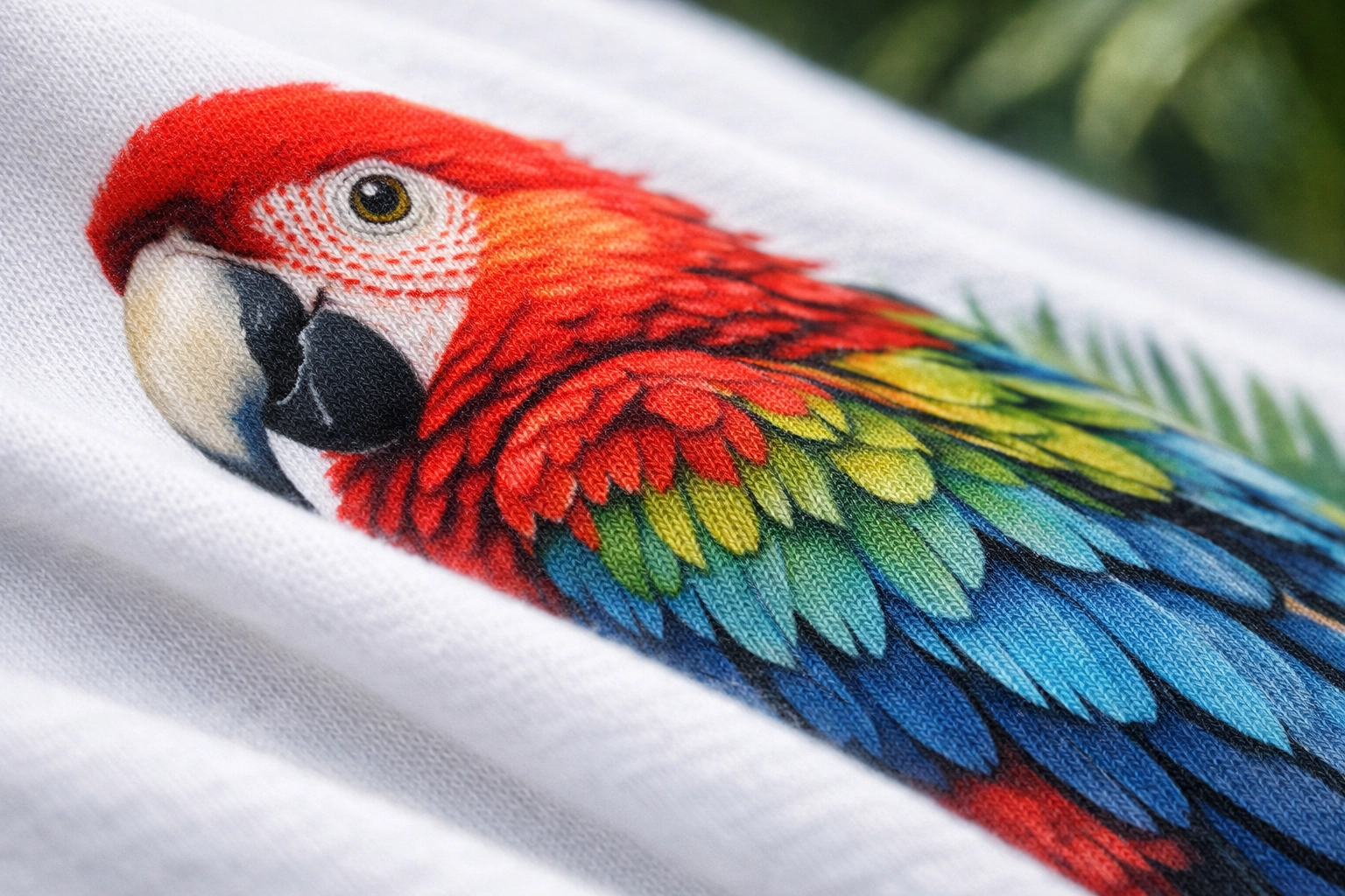 Detailed sublimation print of a colorful parrot on smooth jersey-knit fabric showing high-resolution clarity.