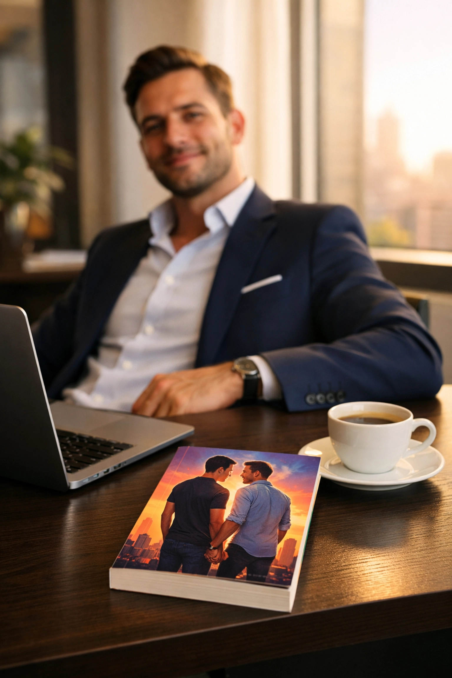 A relaxed gay professional at a modern desk with an MM romance book, showing authenticity and queer leadership.