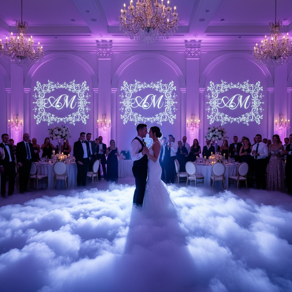 A couple dances on a cloud-like floor in an elegant wedding hall with purple lighting. Guests watch, and "AM" is projected on the wall.