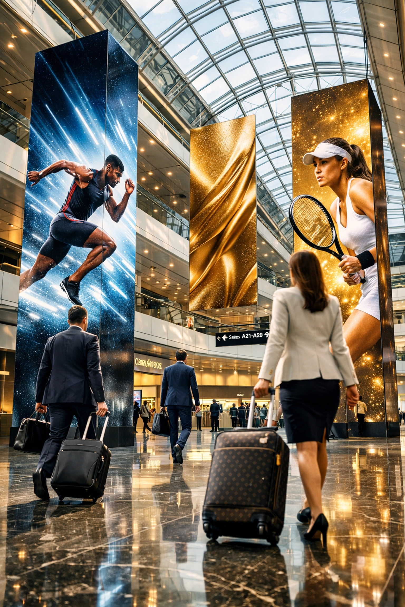 High-impact digital branding and athlete imagery in a modern airport for executive brand presence.