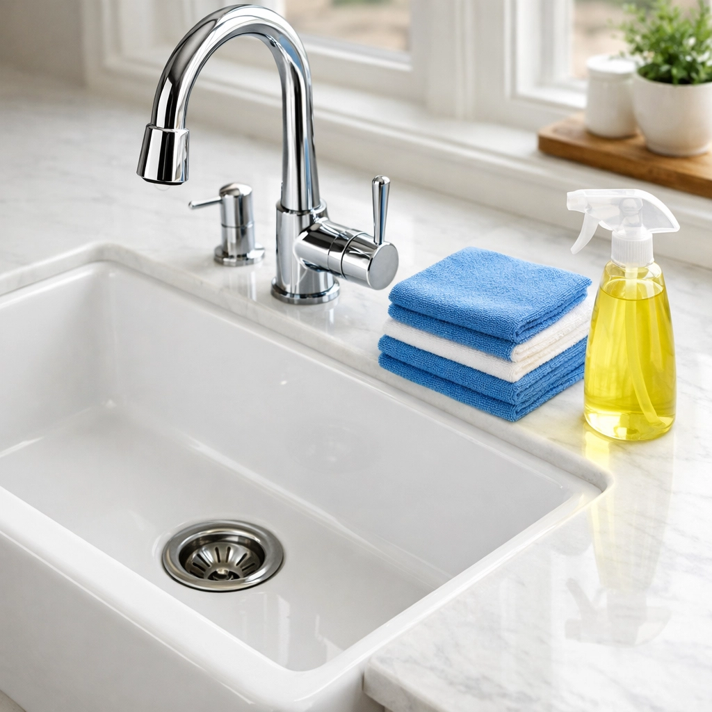 A sparkling clean kitchen sink and sanitizing supplies from professional house cleaning services.