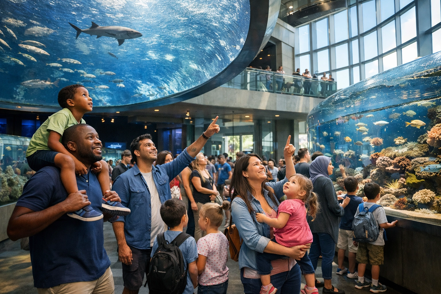 Families and visitors exploring modern aquarium exhibits together