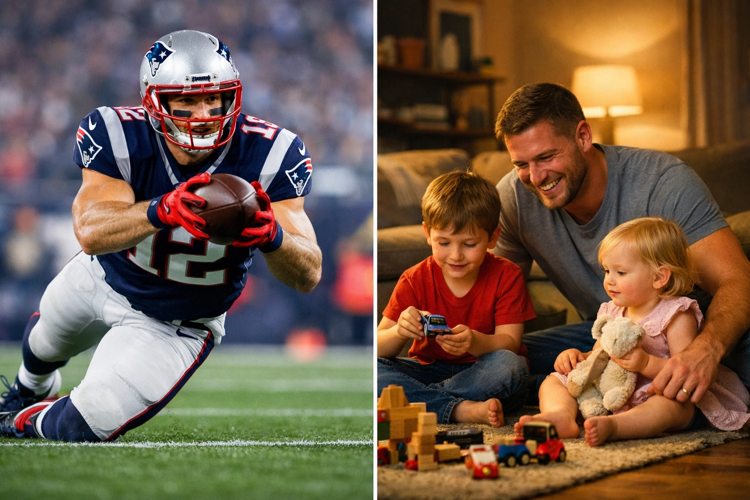 Football player on field and at home with children showing work-life balance