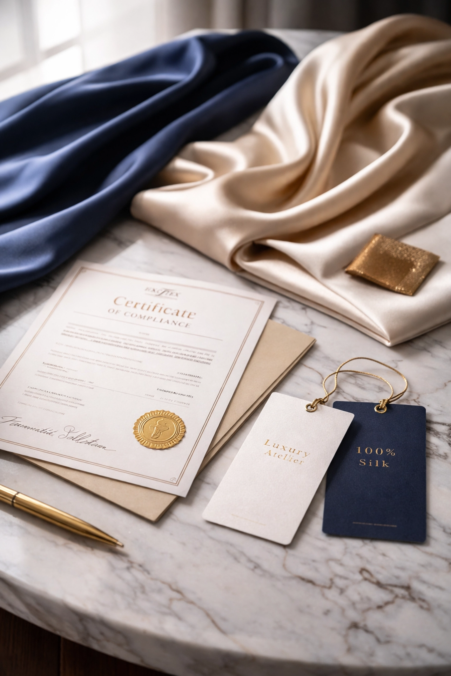 Luxury fabric swatches and certification documents on marble, illustrating compliance and quality for international markets.