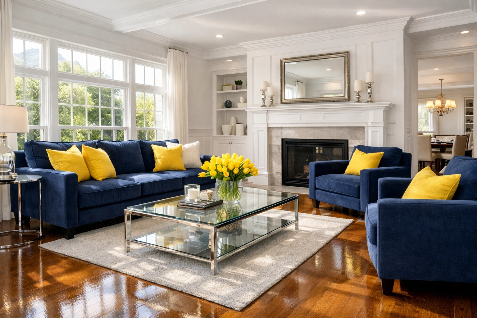 Sun-drenched Medfield living room showing professional bi-weekly house cleaning results with polished floors.