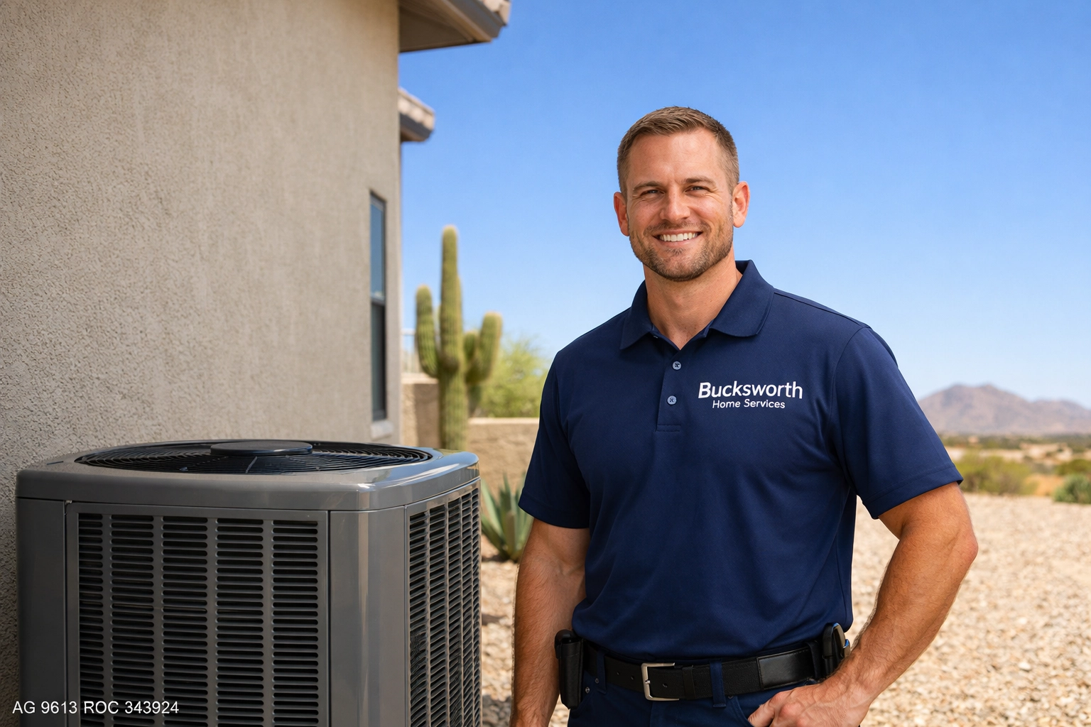 Bucksworth technician inspecting a unit for energy-saving HVAC service and maintenance in Coolidge, AZ.